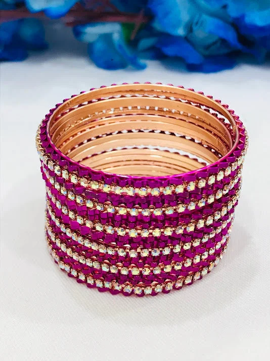 Designer Wedding Bangles-Dazzling Purple Color Party Wear Designer Bangles With White Stones