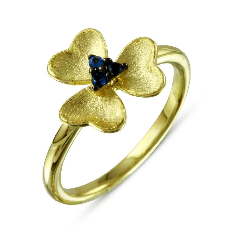 Men’s Custom Rings-Gold Plated 925 Sterling Silver and Matte Finish Flower Ring with Blue CZ - BGR01110