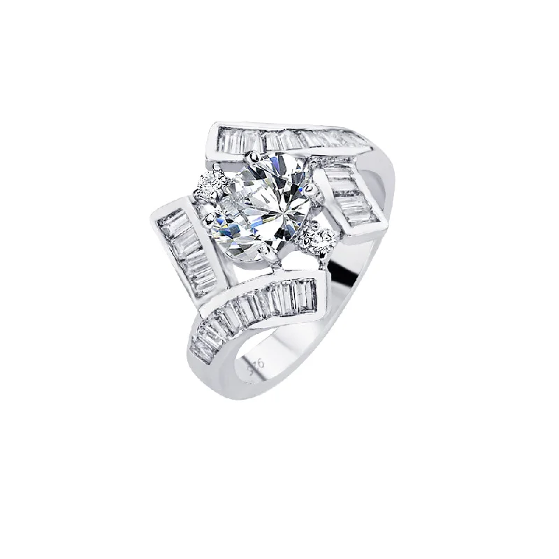 Bold Statement Wedding Rings-Silver 925 Rhodium Plated Clear Baguette Round Center CZ Overlap Bridal Ring - BGR00566