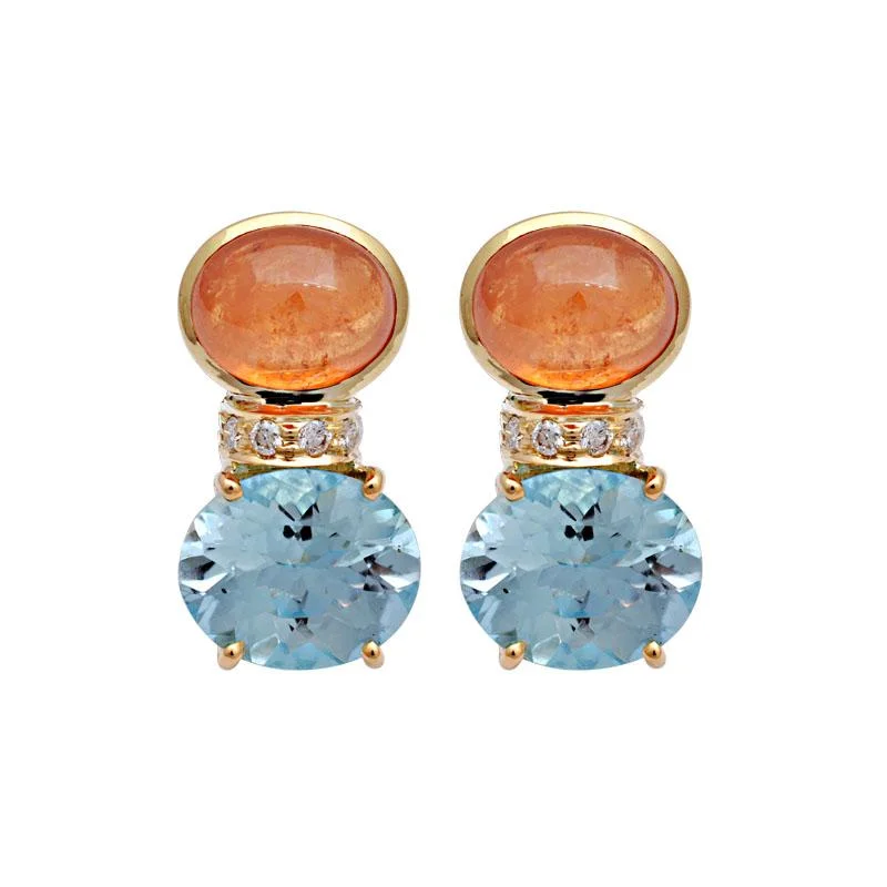 Large Gemstone Earrings-Earrings-Orange Garnet, Blue Topaz and Diamond  (2126D)