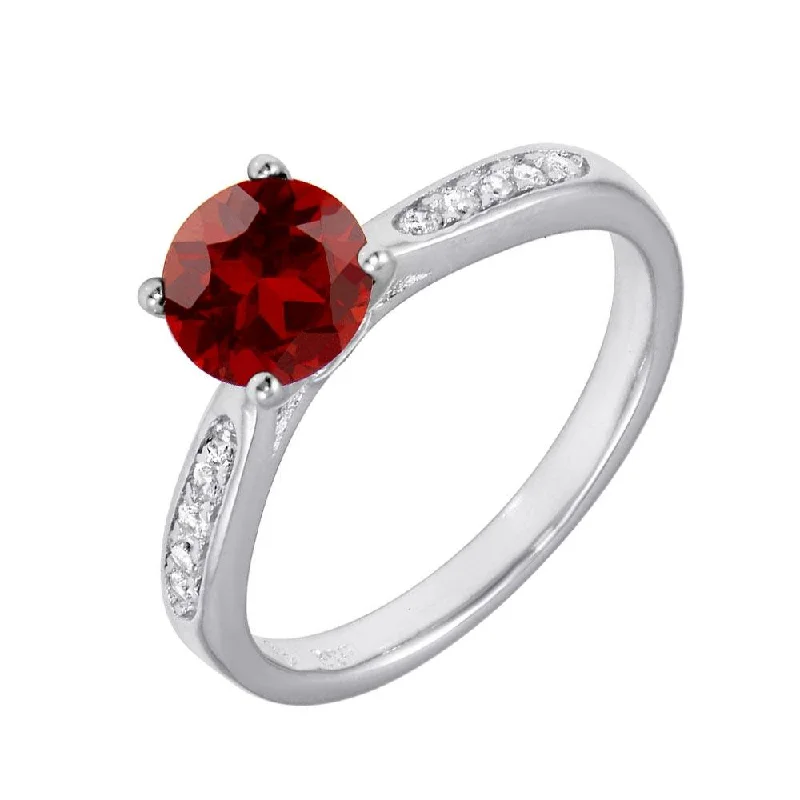 Simple Solitaire Rings-Rhodium Plated 925 Sterling Silver Round Red CZ Center Stone Ring - BGR01231RED