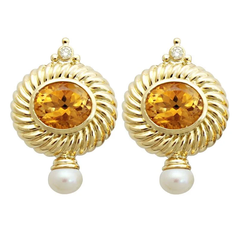 Elegant Crystal Earrings-Earrings-Citrine, Pearl and Diamond  (1716E)