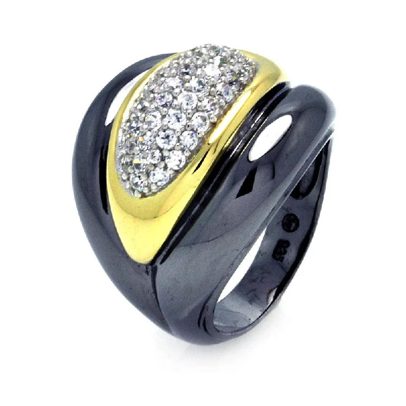 Simple Solitaire Rings-Clearance-Silver 925 Rhodium Black Rhodium and Gold Plated 3 Toned Clear CZ Wide Ring - BGR00293