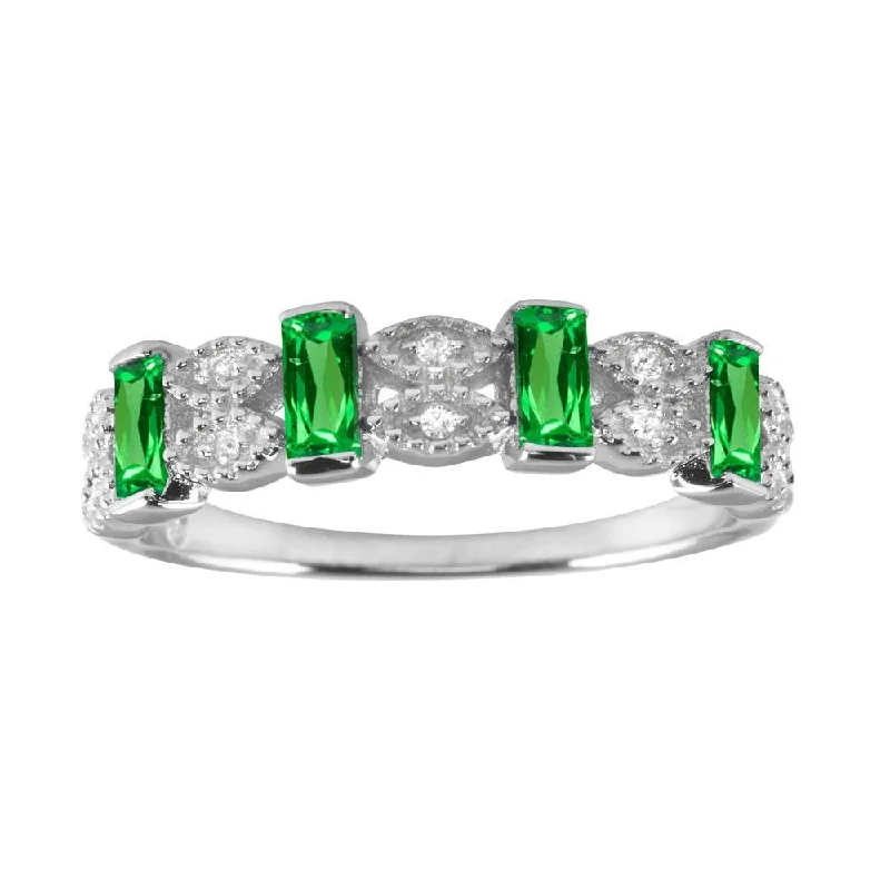 Fashionable Rings for Women-Rhodium Plated 925 Sterling Silver Green Bar CZ Link Ring - BGR01223GRN