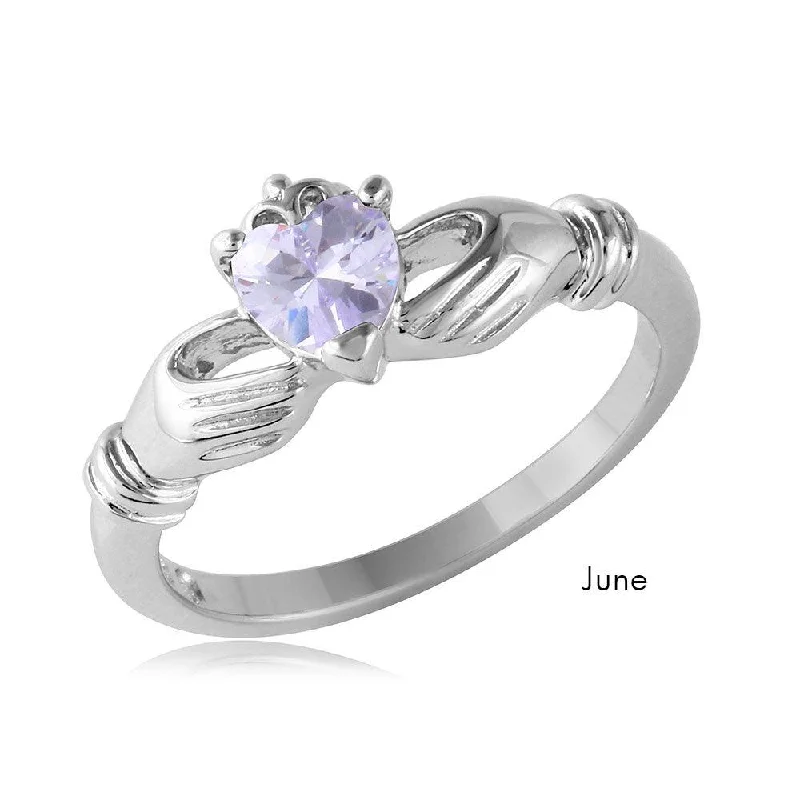 Fashion Rings for Men-June Sterling Silver 925 Rhodium Plated CZ Center Birthstone Claddagh Ring - BGR01083JUN