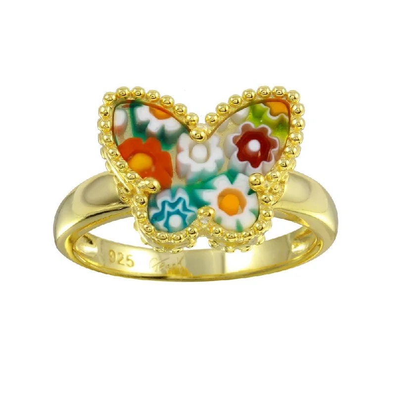 Personalized Wedding Rings-Gold Plated 925 Sterling Silver Butterfly Murano Glass Beaded Design Ring - MR00012