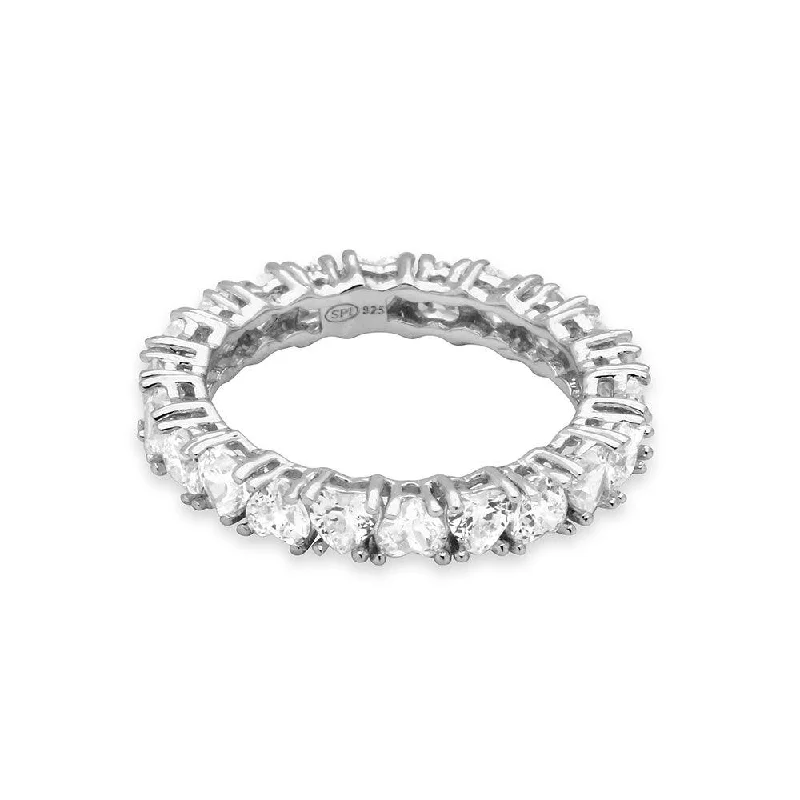 Modern Engagement Rings-Silver 925 Rhodium Plated Eternity Ring with Heart Shaped CZ - GMR00138