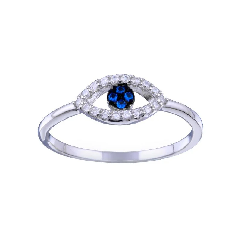 Stylish Solitaire Rings-Rhodium Plated 925 Sterling Silver Blue and Clear CZ Evil Eye Ring - BGR01339