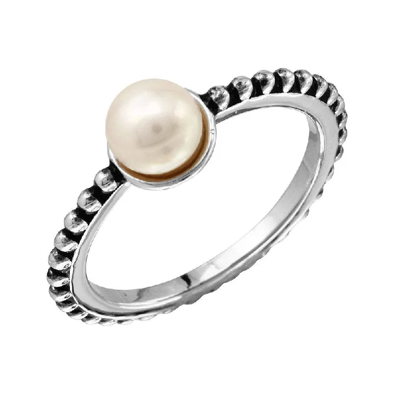 Beautiful Engagement Ring Sets-Rhodium Plated 925 Sterling Silver Beaded Shank Fresh Water Center Pearl Ring - BGR01092