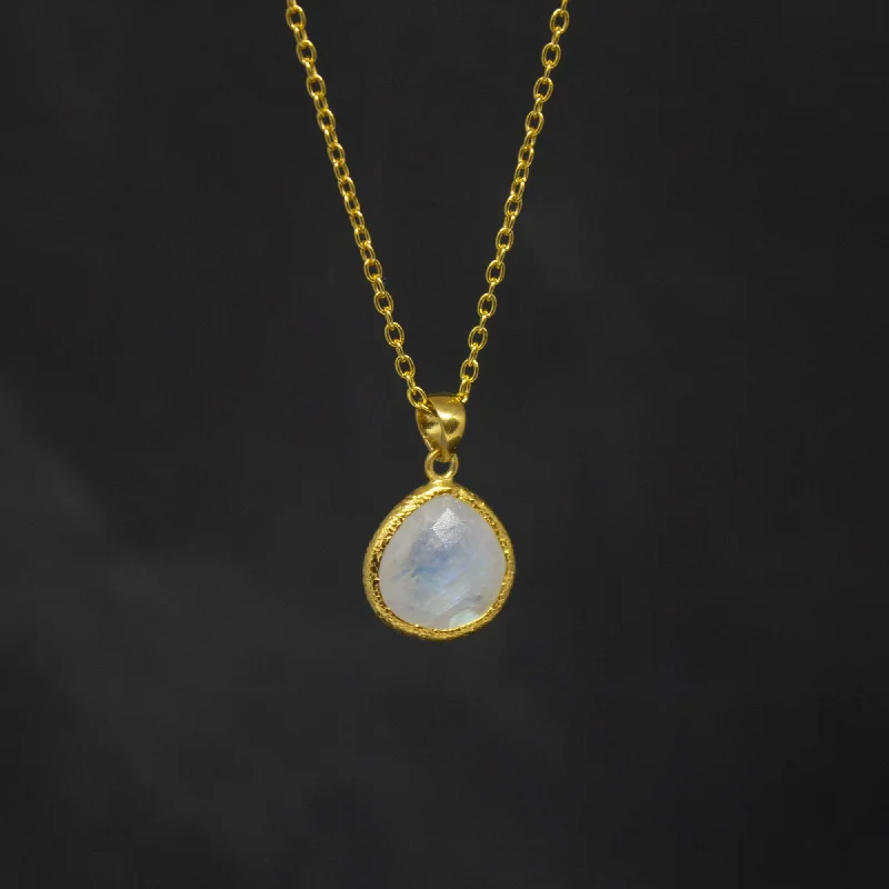 Elegant Gold Necklaces-Gold Textured Teardrop Rainbow Moonstone Necklace