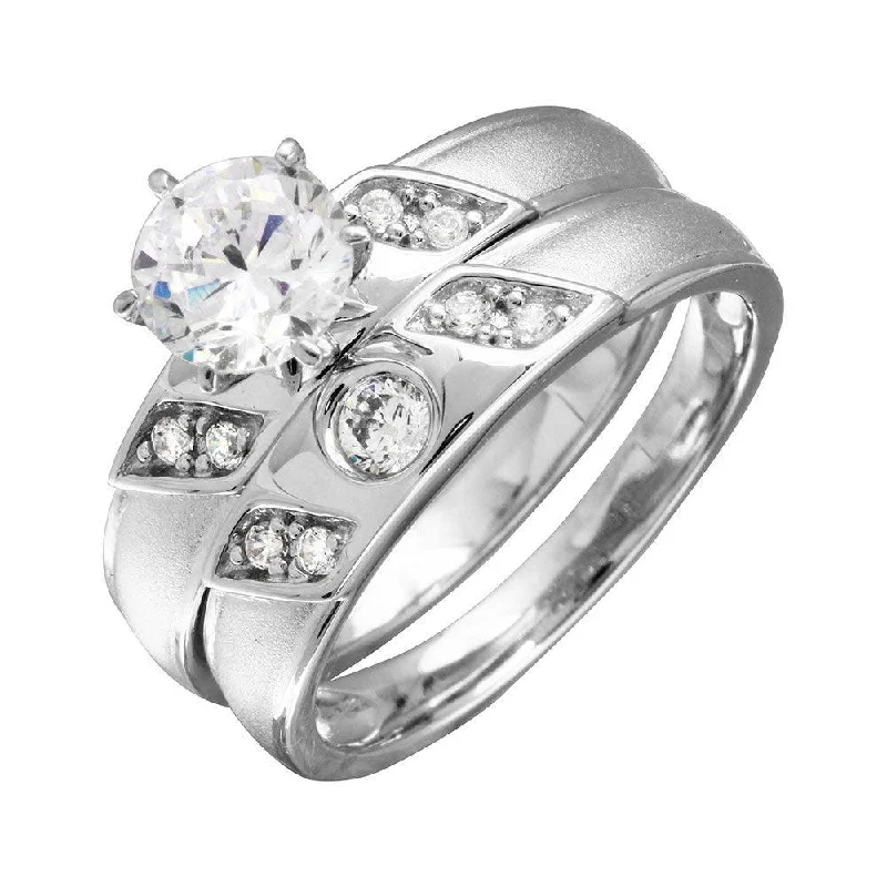 Vintage Style Rings-Rhodium Plated 925 Sterling Silver Slash CZ Trios Bridal CZ Ring - GMR00192