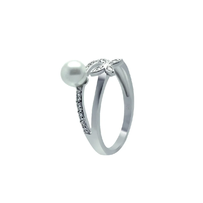 Engagement Rings with Emerald-Silver 925 Rhodium Plated Clear CZ Synthetic Pearl Flower Ring - BGR00617