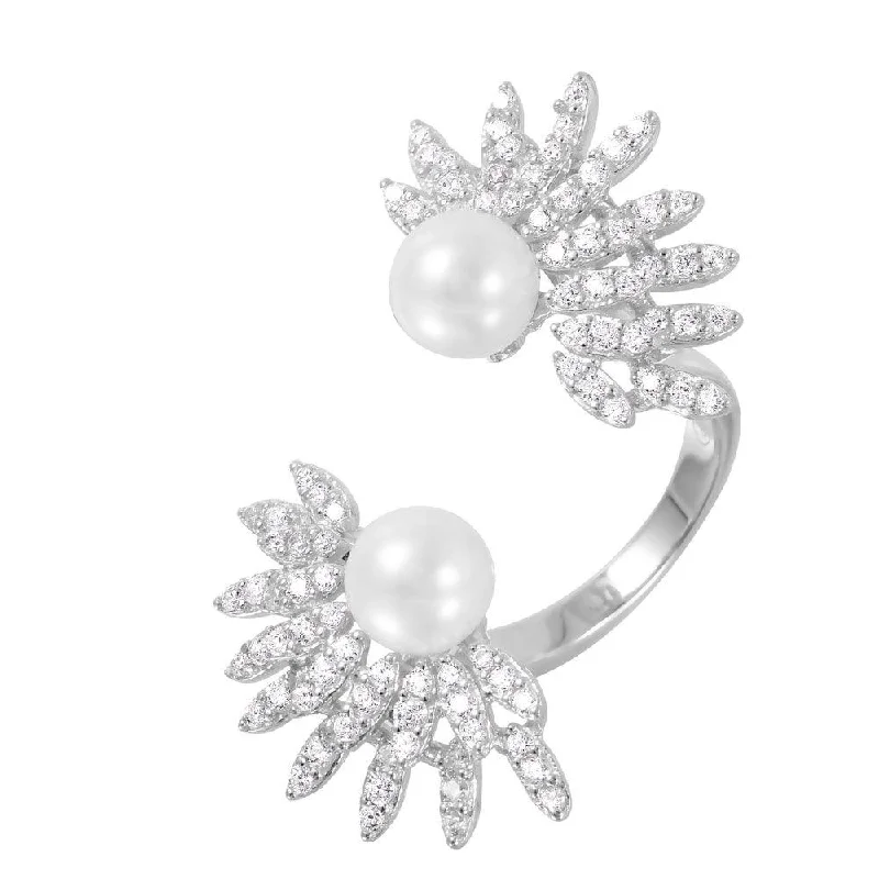 Fashionable Statement Rings-Silver 925 Rhodium Plated Synthetic Pearl Burst Open CZ Ring - GMR00067