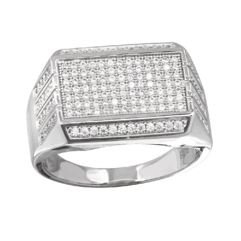 Classic Engagement Ring Bands-Rhodium Plated 925 Sterling Silver Men's Rectangular Ring with CZ - GMR00220