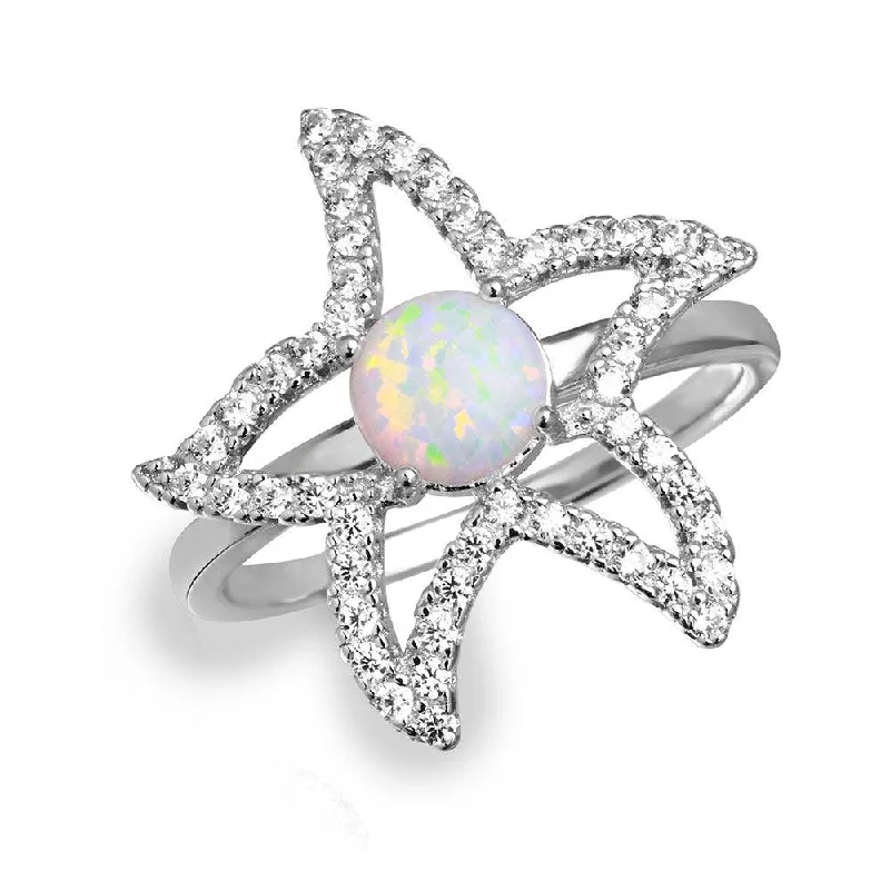 Affordable Engagement Rings-Silver 925 Rhodium Plated Open Starfish Ring with Synthetic Opal and CZ - BGR01048