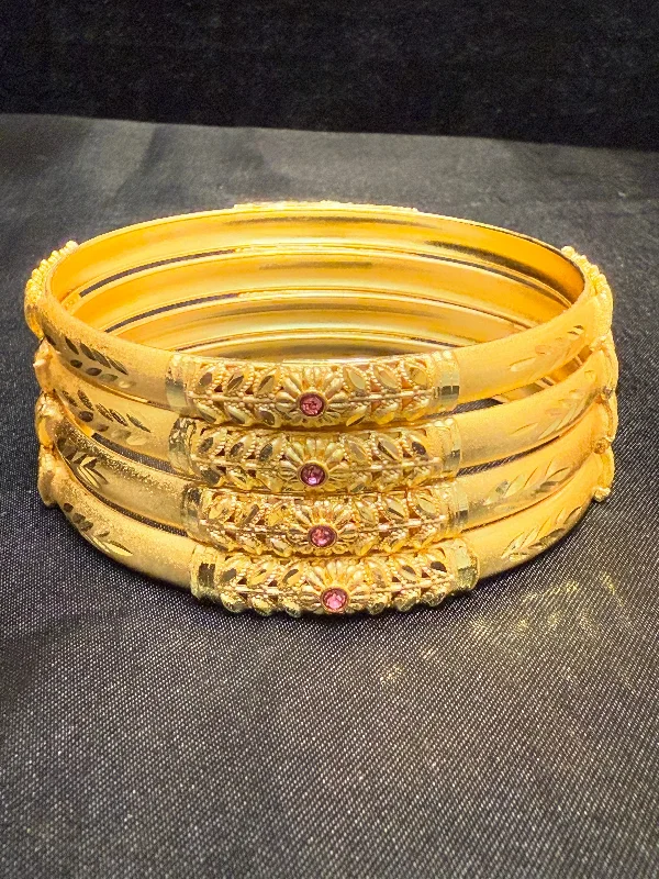 Fashionable Adjustable Bangles-Alluring Enamel Gold Plated With Pink Color Beautiful Leaf Design Bangles