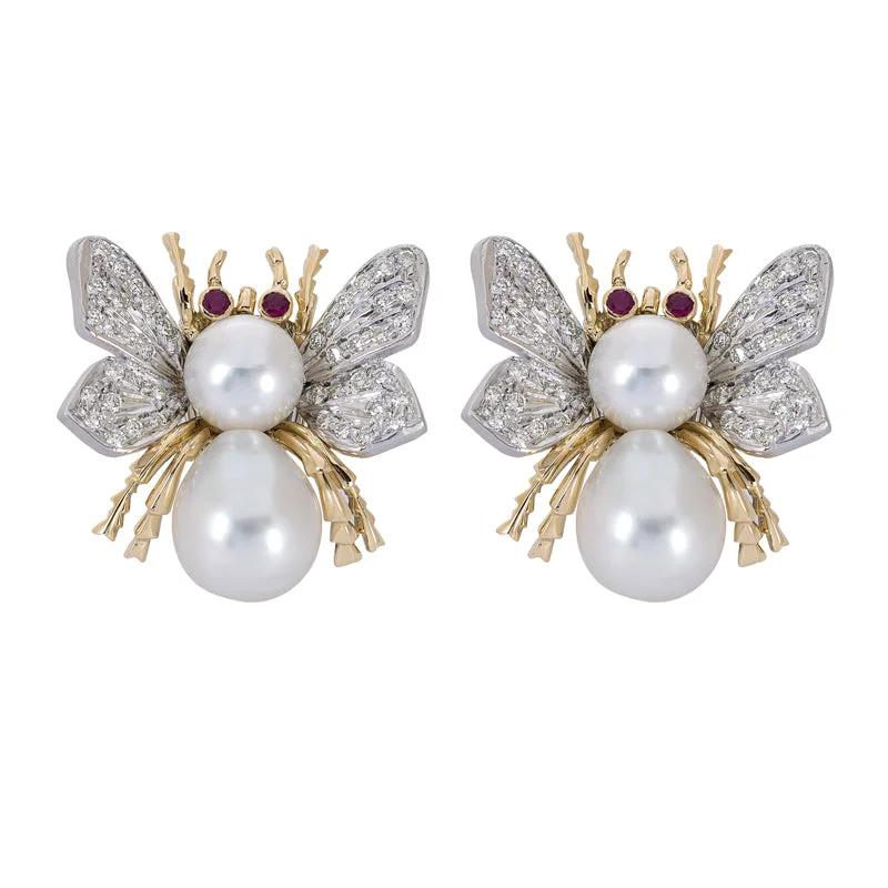 Artistic Stud Earrings-Earrings- Pearl, Ruby and Diamond