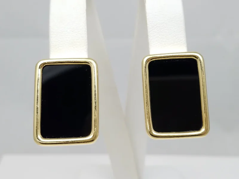 Bridal Earrings for Weddings-Luxurious 14k Yellow Gold Natural Onyx Earrings