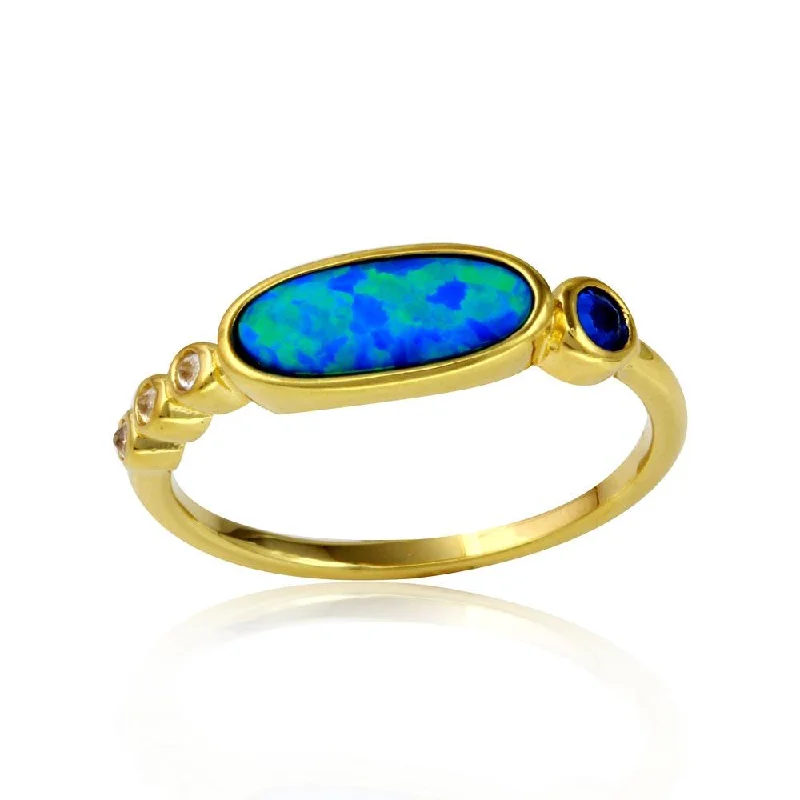 Modern Wedding Ring Sets-Gold Plated 925 Sterling Silver Blue Opal Ring with Blue and Clear Round CZ - BGR01117