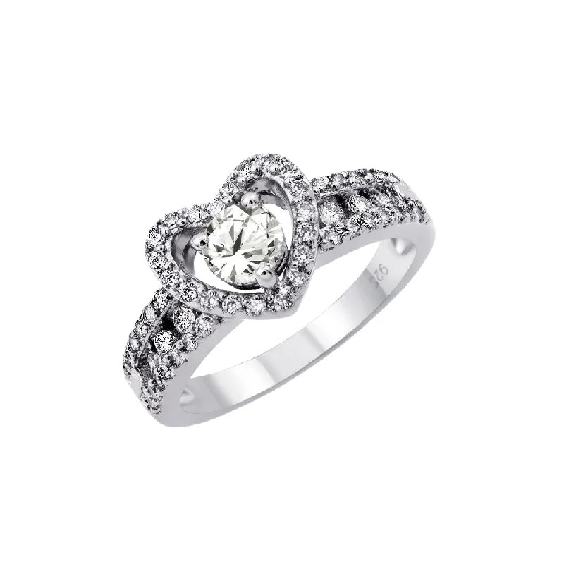 Fashionable Gemstone Rings for Men-Silver 925 Rhodium Plated Clear Round Center CZ Heart Ring - BGR00789