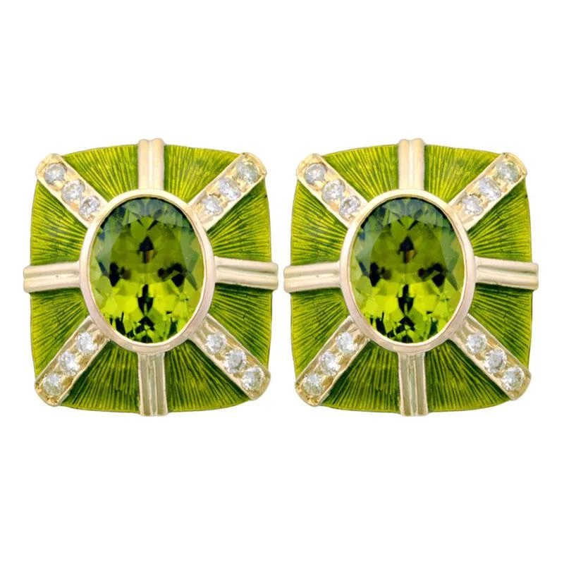 Gold Dangle Earrings-Earrings-Peridot and Diamond (Enamel)  (1925B)