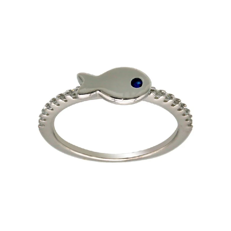 Custom Name Rings-Rhodium Plated 925 Sterling Silver Fish Ring with CZ Shank - BGR01296