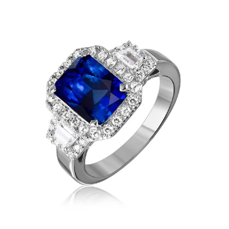 Stunning Gemstone Rings-Silver 925 Rhodium Plated Sapphire Emerald Cut Center CZ Stone Ring - GMR00101S