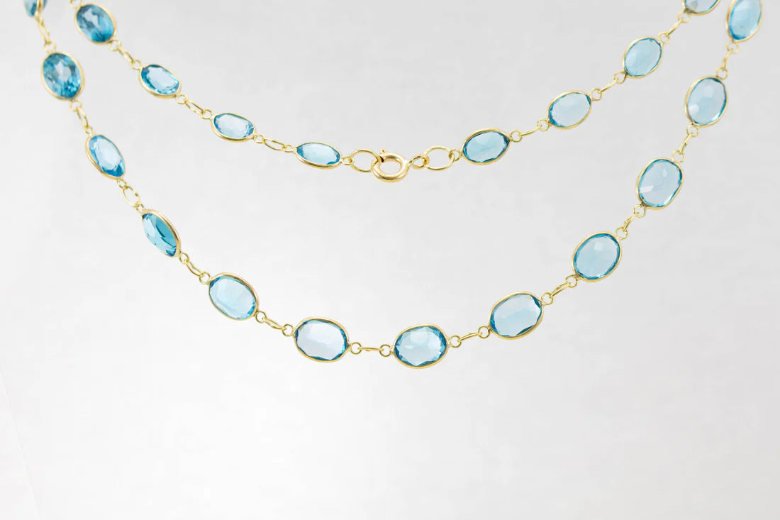 Custom Gemstone Pendant Necklaces-9ct Yellow Gold Blue Topaz Graduated Line Necklace