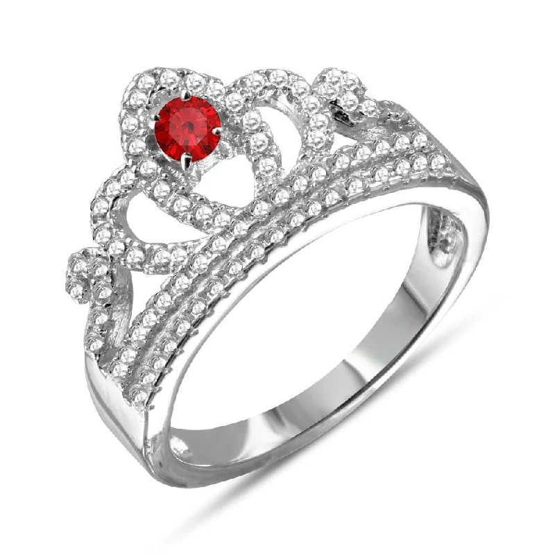 Elegant Gold Rings-Rhodium Plated 925 Sterling Silver Tiara with Red and Clear CZ Ring - BGR01108RED