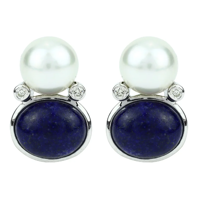 Stylish Stud Earrings for Women-Earrings - Lapis Lazuli, South Sea Pearl And Diamond