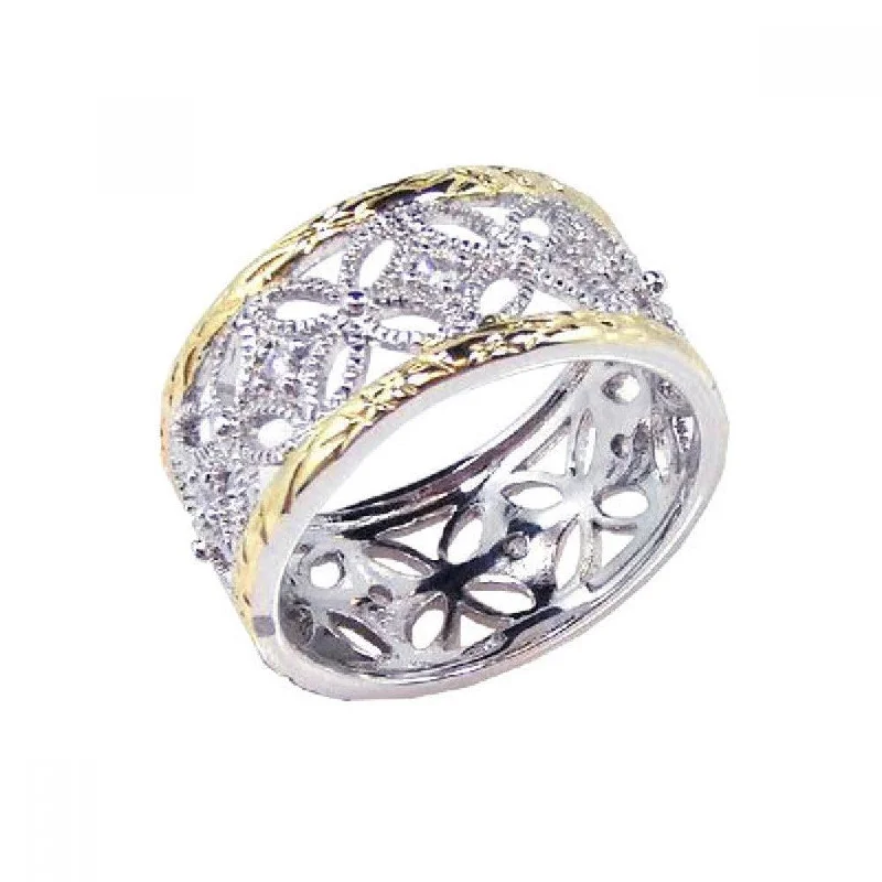 Customizable Wedding Bands-Silver 925 Rhodium and Gold Plated Border CZ Flower Ring - STR00330