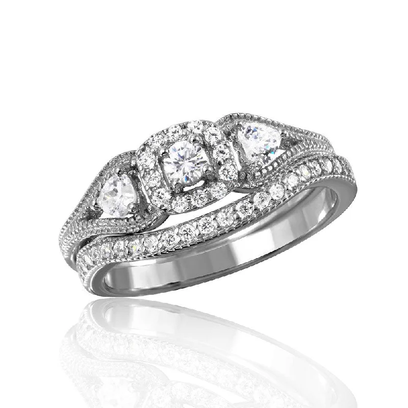 Modern Wedding Rings-Silver 925 Rhodium Plated Engagement Ring - BGR01040