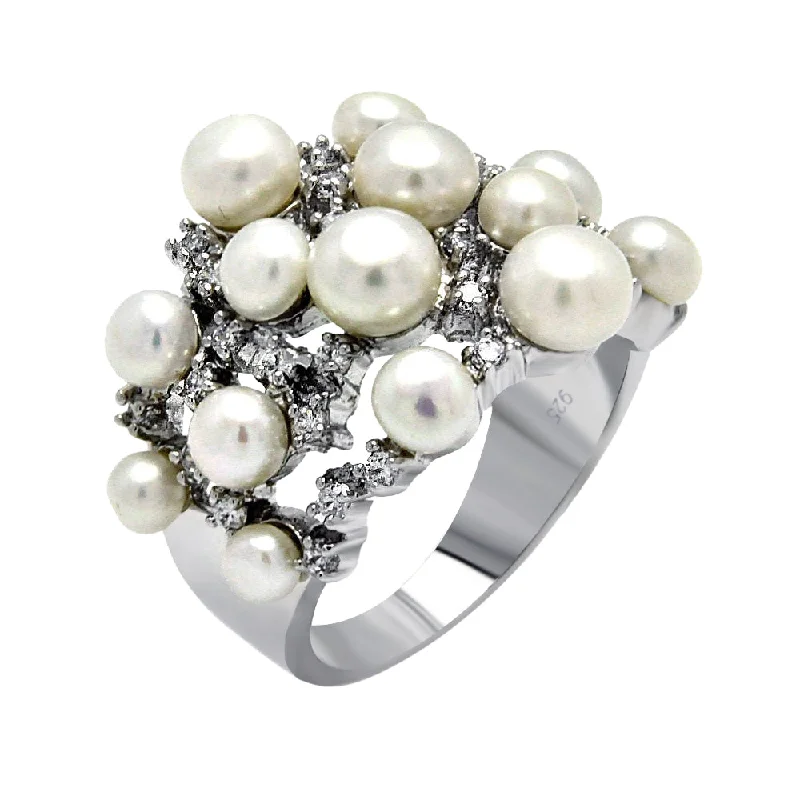 Vintage Style Diamond Rings-Silver 925 Rhodium Plated Clear CZ Multiple Fresh Water Pearl Ring  - BGR00382