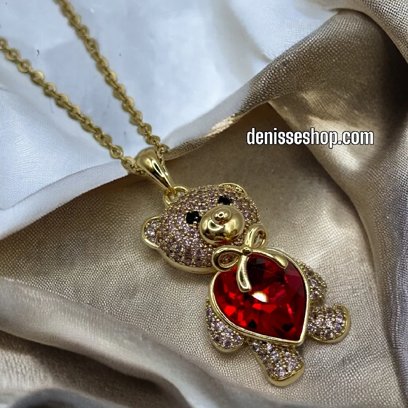 Colorful Pendant Necklaces-14K GIRL CUTE RED BEAR NECKLACE P573