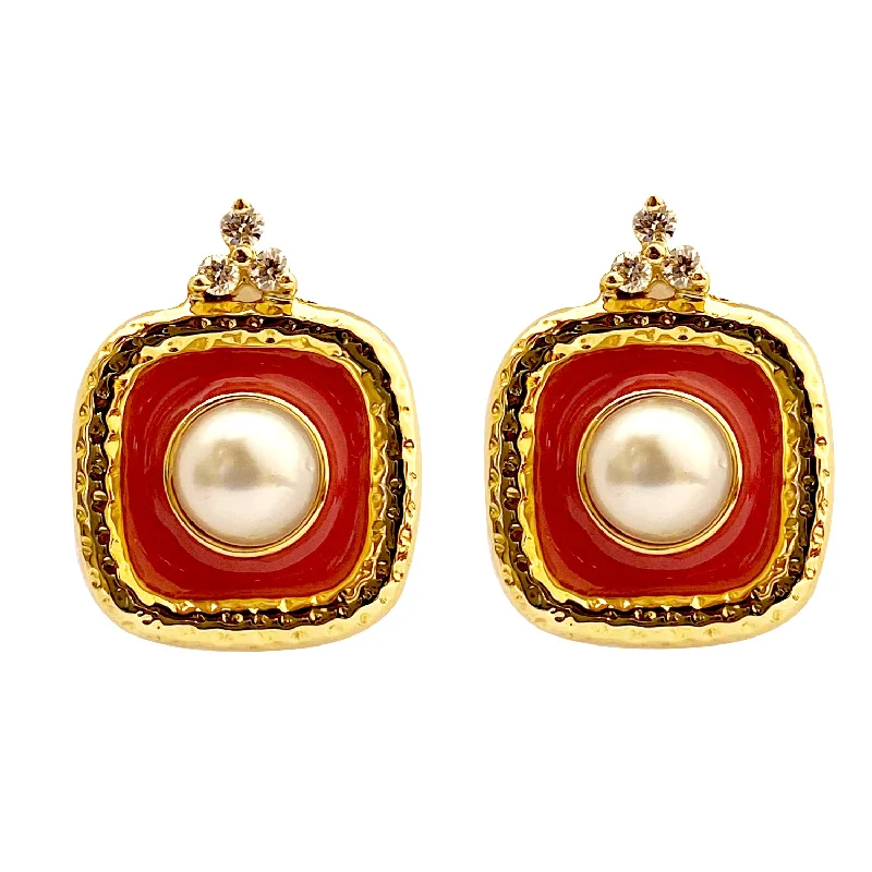 Contemporary Earrings-Earrings - Pearl and Diamond with Enamel in 18K gold