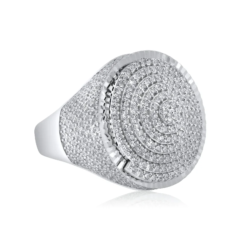 Stylish Solitaire Rings-Men's Sterling 925 Sterling Silver Rhodium Spiral Dome CZ Encrusted Ring - GMR00351