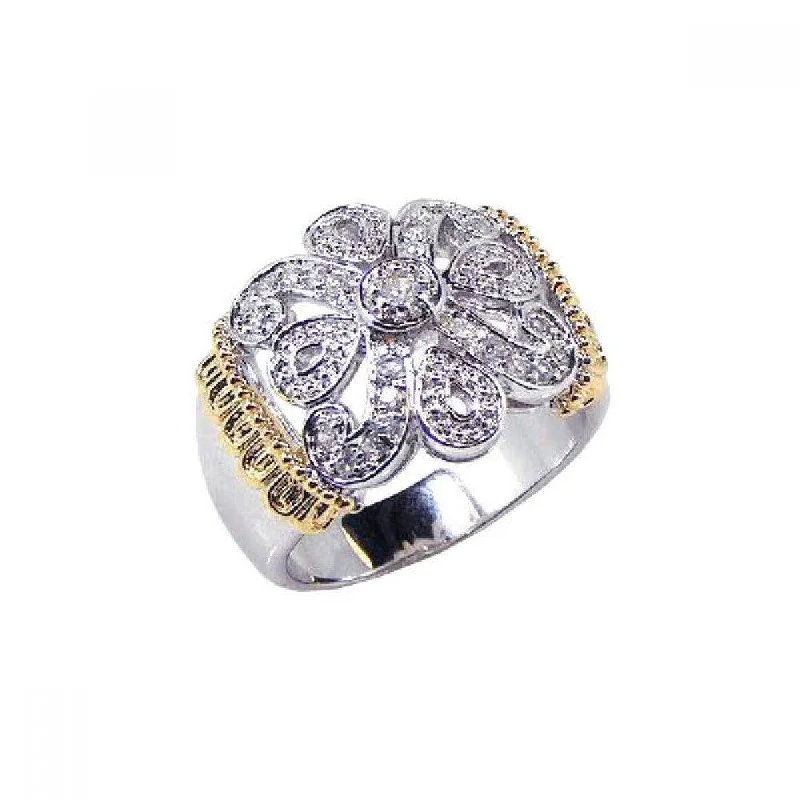 Silver Gemstone Rings-Clearance-Silver 925 Rhodium and Gold Plated CZ Flower Ring - STR00343