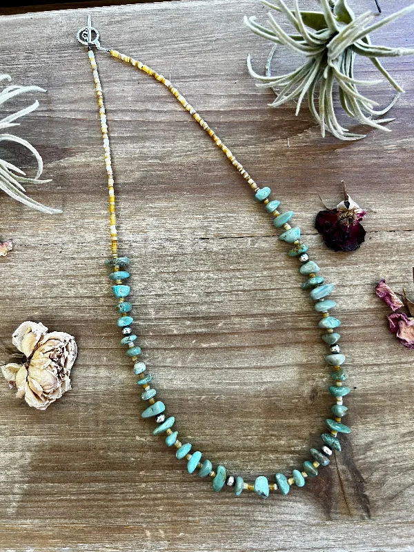 Layered Gemstone Necklaces-24 inch neckalce green turquoise, shell and Sterling Silver Pearls