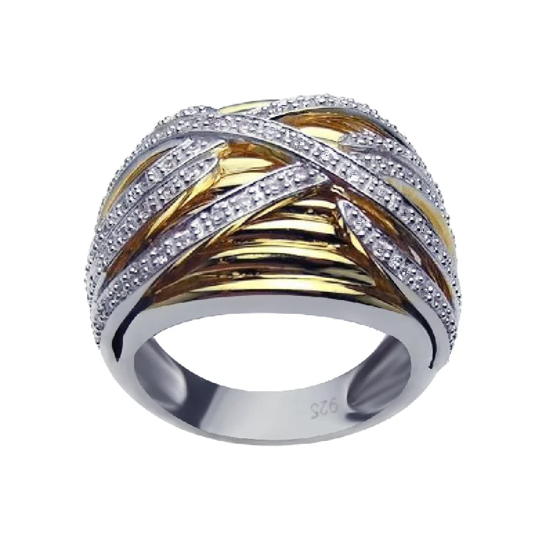 Men’s Statement Rings-Clearance-Silver 925 Rhodium and Gold Plated Clear CZ Overlapping Ring - BGR00181