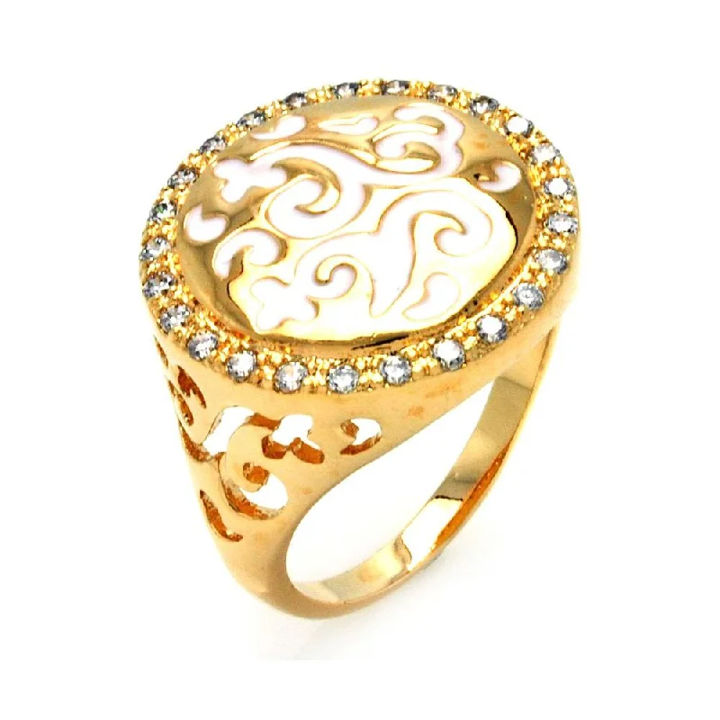 Customizable Wedding Bands-Clearance-Silver 925 Gold Plated White Enamel Clear CZ Ornate Design Ring - BGR00297