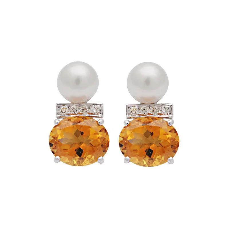 Artistic Stud Earrings-Earrings-Citrine, South Sea Pearl and Diamond  (185DS)