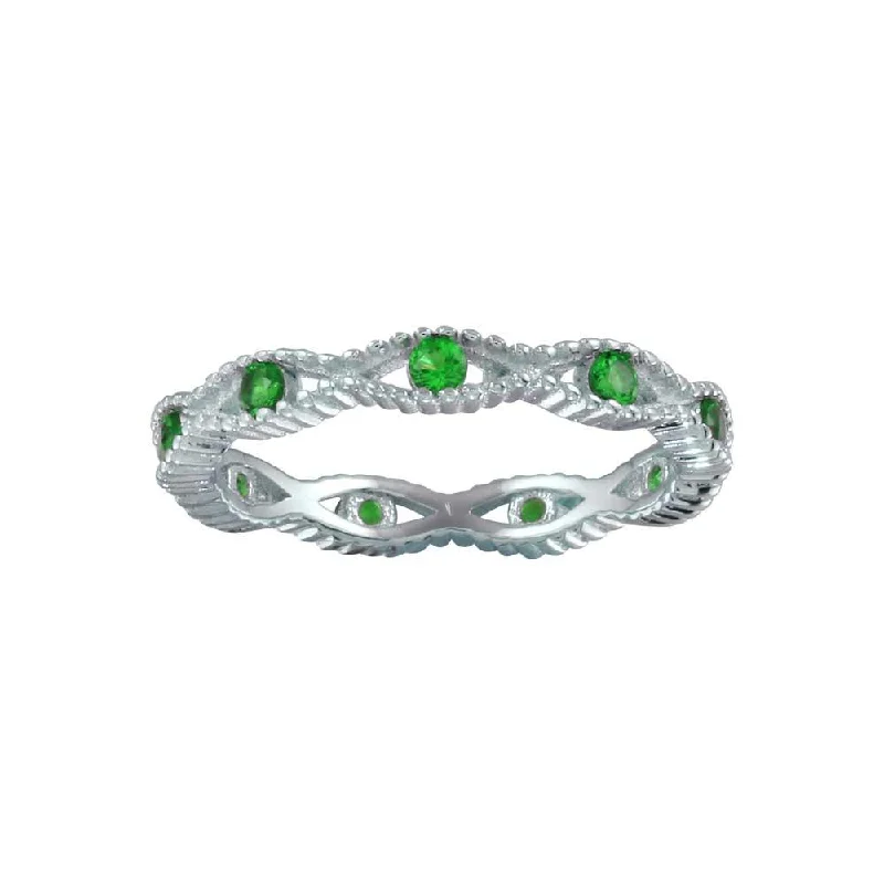 Custom Wedding Rings-Rhodium Plated 925 Sterling Silver Intersecting Waves Green CZ Ring- BGR01294GRN