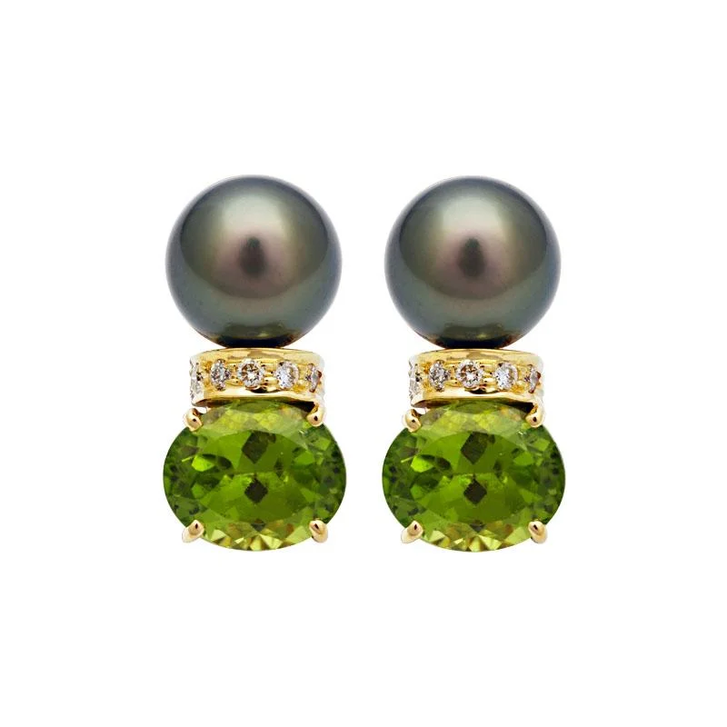 Modern Hoop Earrings-Earrings-Peridot, South Sea Pearl and Diamond  (2106F)