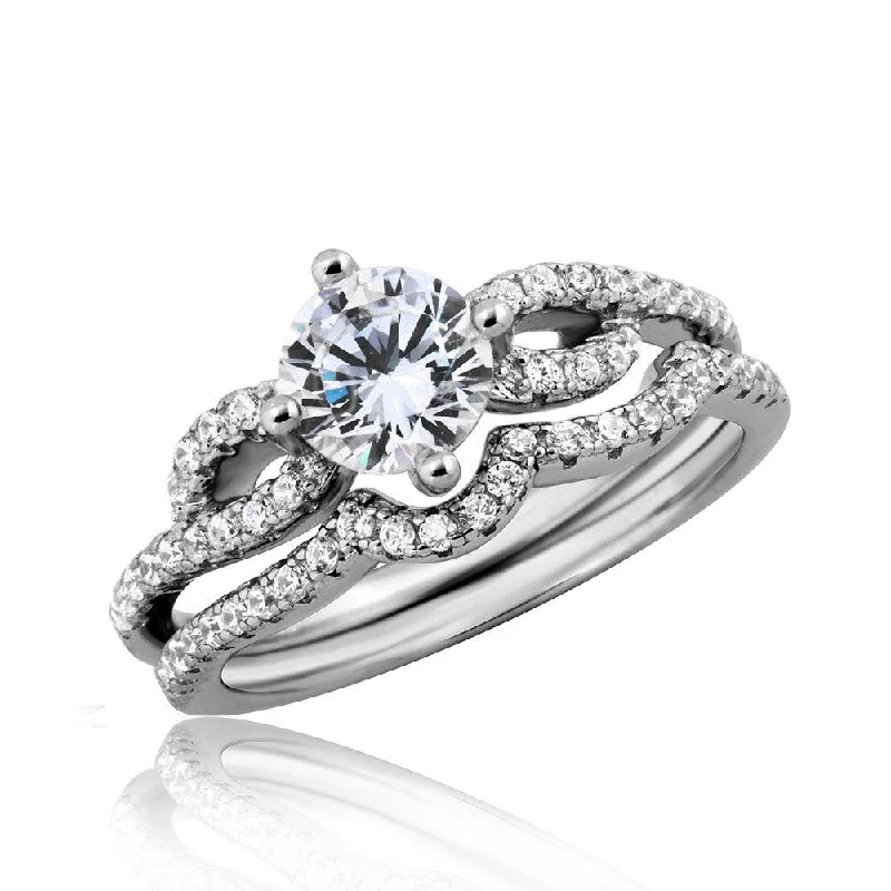 Bridal Engagement Ring Sets-Silver 925 Rhodium Plated Engagement Wave CZ Ring - STR01052