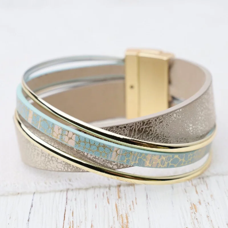 Adjustable Silver Bangle Bracelets-Matte Gold Metallic Gold & Turquoise Bracelet