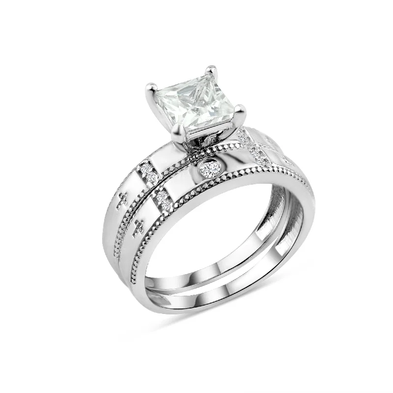 Diamond Engagement Rings-Rhodium Plated 925 Sterling Silver Square CZ Cross Shank Design Ring - GMR00285