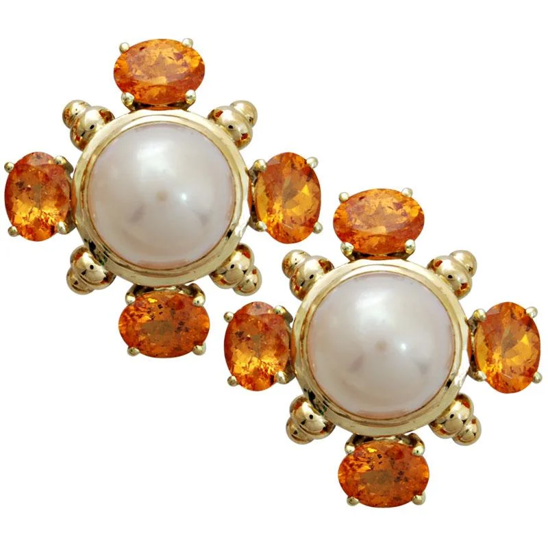 Stylish Drop Earrings-Earrings-Pearl and Orange Garnet  (1706B)