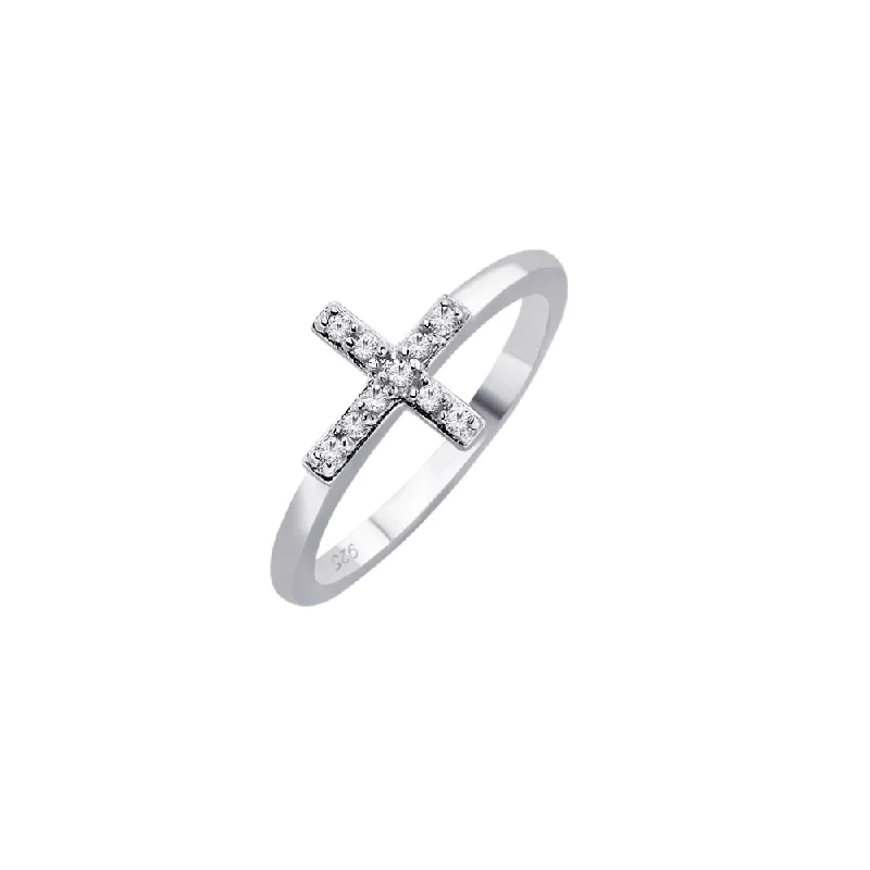 High-End Diamond Rings-Silver 925 Rhodium Plated Clear CZ Mini Cross Ring - BGR00614