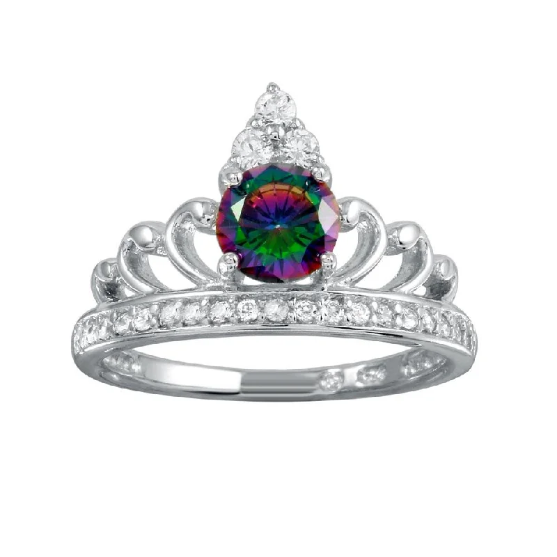 Fashionable Gemstone Rings for Men-Rhodium Plated 925 Sterling Silver Crown Synthetic Mystic Topaz CZ Ring - BGR01267