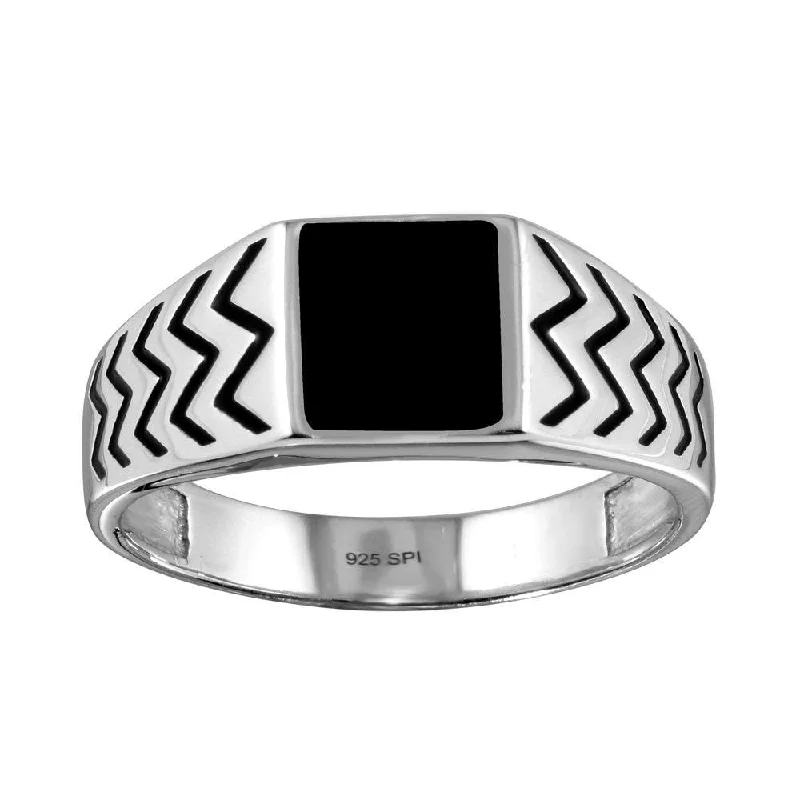 Trendy Engagement Rings-Rhodium Plated 925 Sterling Silver Black Enamel Zig Zag Design Shank Ring - SOR00004